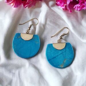 Vintage Sterling Silver Turquoise Earrings Half Circle Bohemian